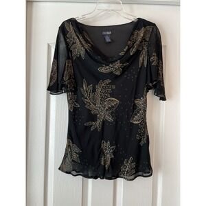 Vintage Eva Blue Plus Y2K Black Floral Flutter Sleeve Shirt Top Whimsigoth
